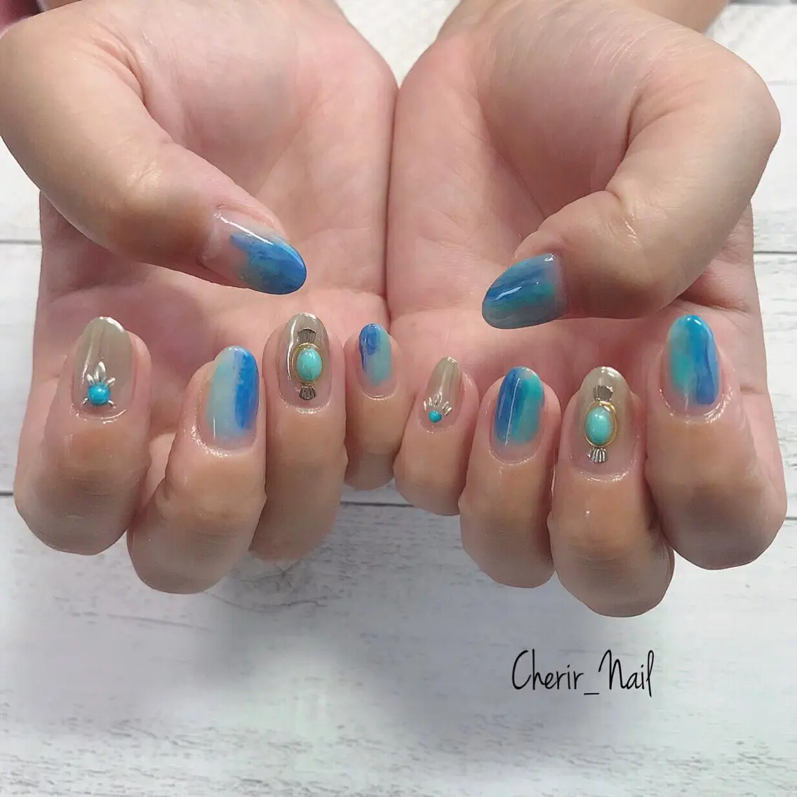 ネイル ブルー カジュアル クリアネイル グラデーション 大理石ネイル(マーブル) Cherirnail kaoriのネイルデザイン