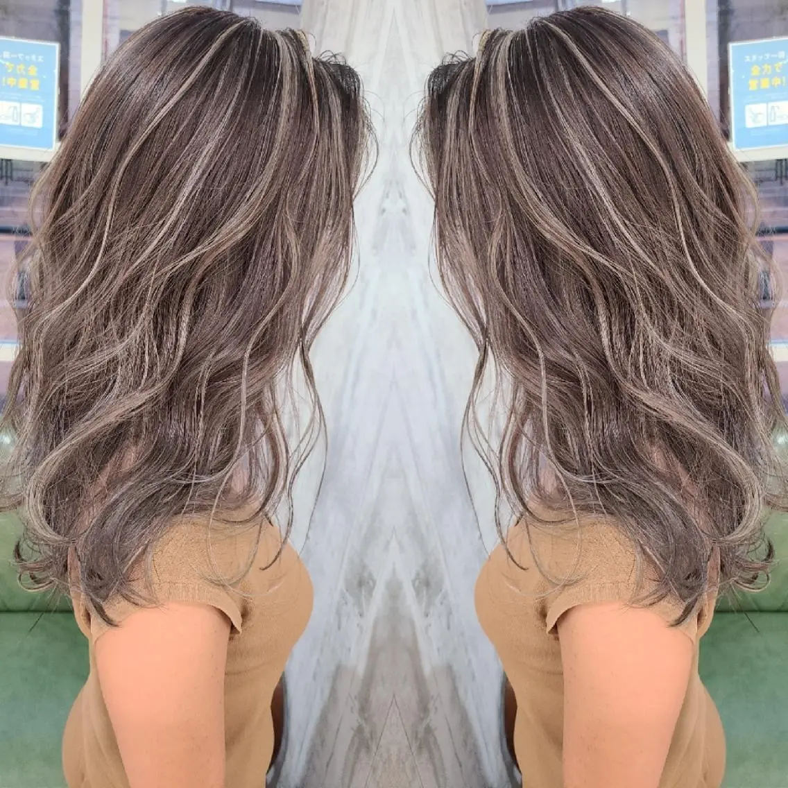 ロング カラー ブリーチ グレージュ ハイライトカラー ハイライト カット ヘアカラー トリートメント バレイヤージュ/ ハイライト/大内格のヘアスタイル