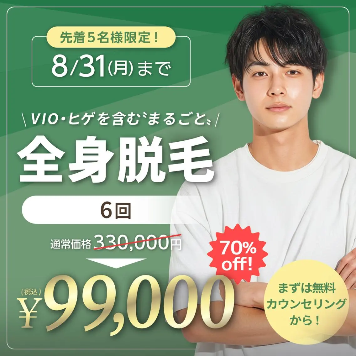 顔(ヒゲ)・VIO含む全身脱毛6回 通常価格330,000円→今だけ99,000円!の写真