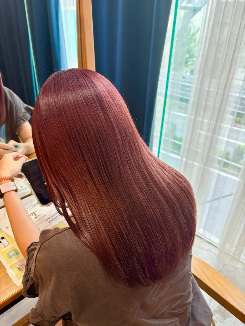 【🍒大人気暖色カラー🍒】ブリーチなし暖色艶カラー➕艶トリートメント✨️赤髪/オレンジ/ピンクの写真