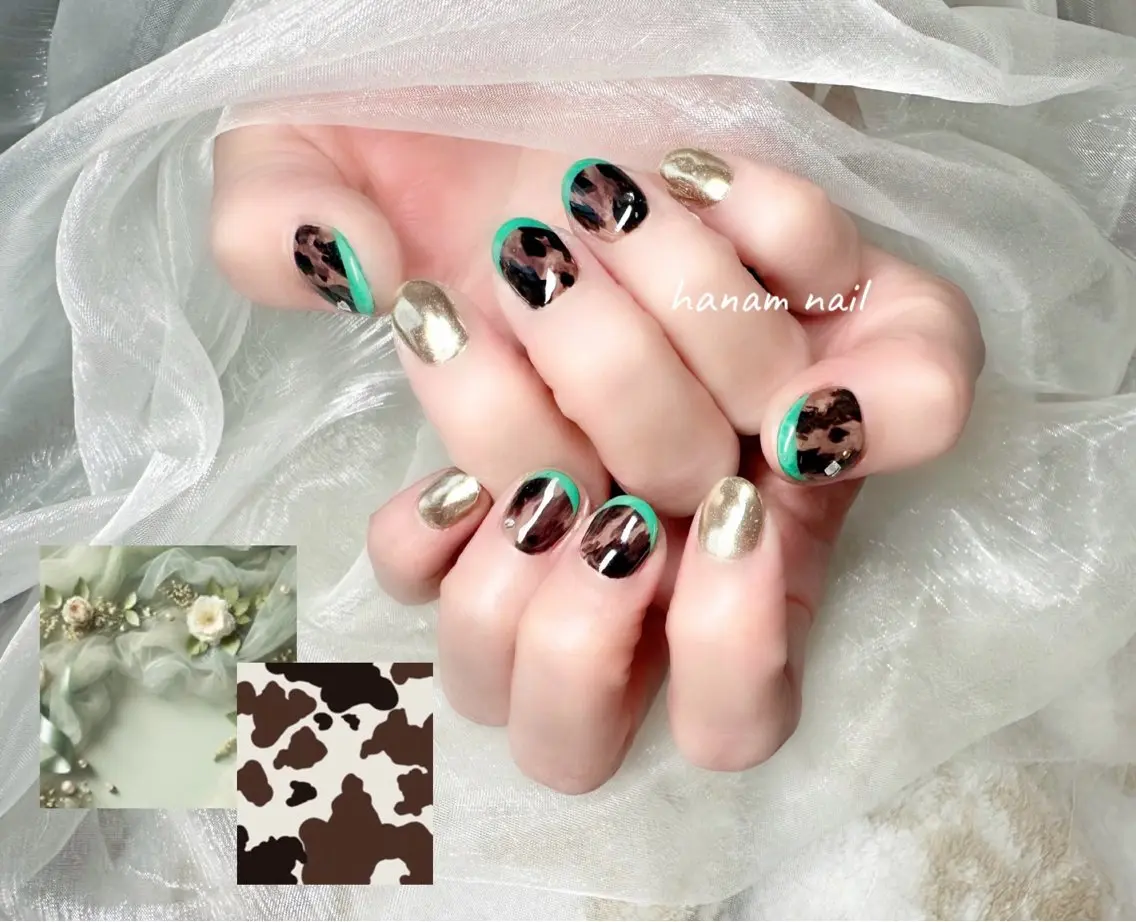ネイル アニマル柄 ミラーネイル ハンドネイル hanam nail 🌿🩵ハナムネイルのネイルデザイン