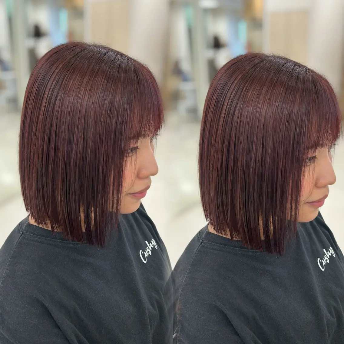 ミディアム カラー ボブ カット ヘアカラー トリートメント ヘッドスパ ヘアセット ベージュ/つや/ レイヤー/ゆいなのヘアスタイル