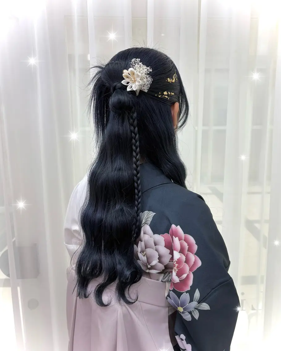 ロング ヘアアレンジ ハーフアップ 着付け lien ヒジリのヘアスタイル
