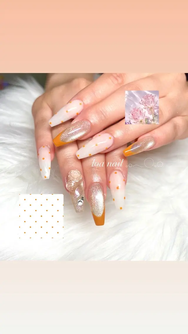 ネイル ドット フレンチネイル オレンジ ハンドネイル loa nailのネイルデザイン