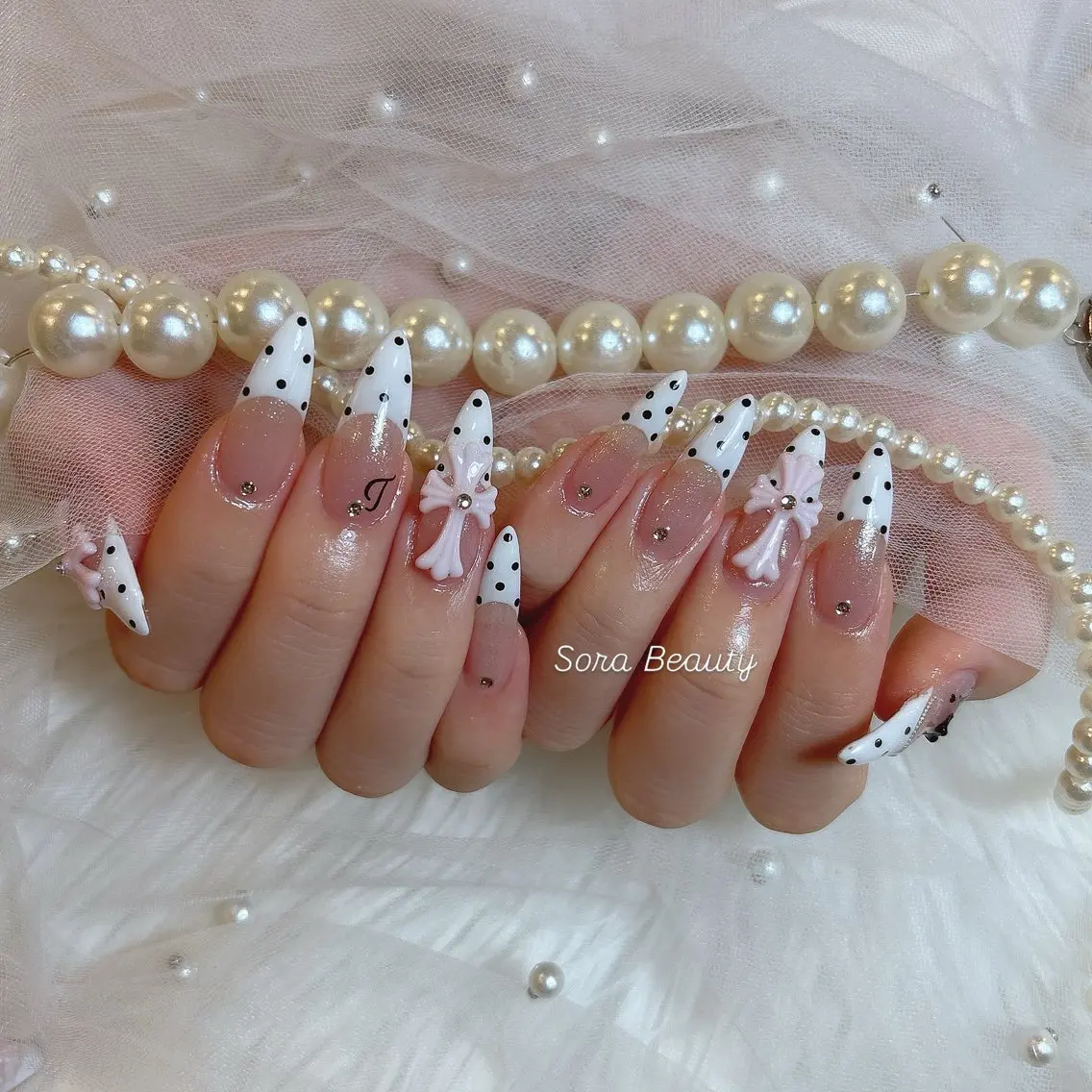 ネイル ドット フレンチネイル ガーリー 韓国ネイル ロングネイル Sora NAILのネイルデザイン