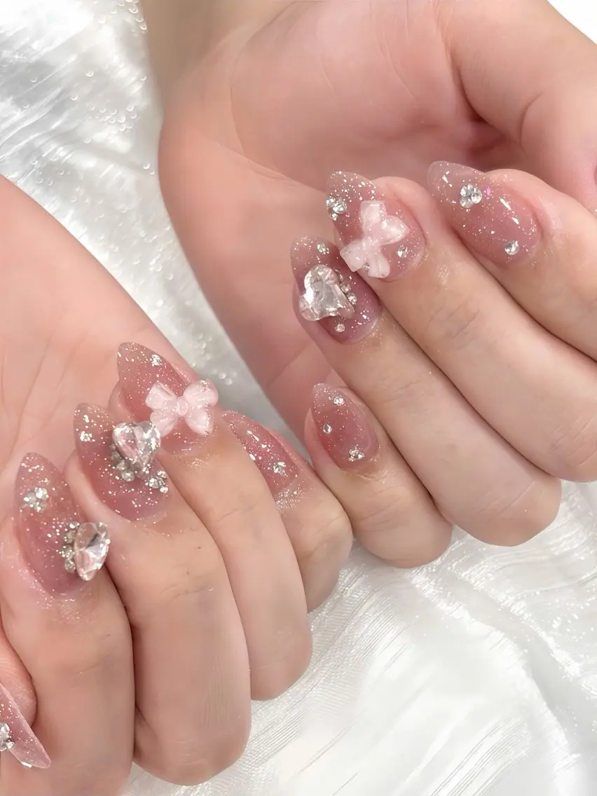 ネイル ジェルネイル ガーリー キラキラネイル ピンク リボン MINDY ミンディのネイルデザイン