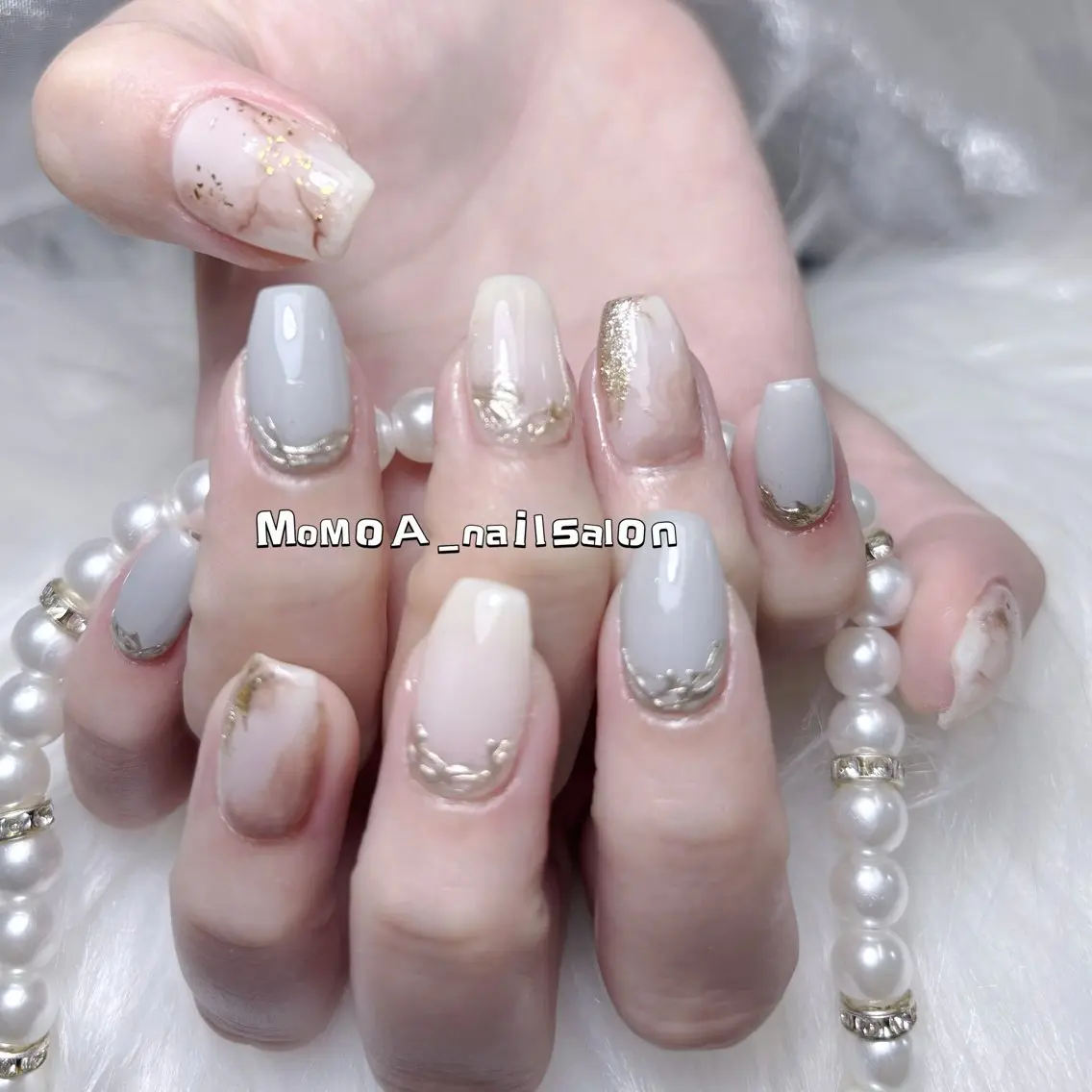 ネイル 成人式 ジェルネイル ロングネイル マグネットネイル 大理石ネイル(マーブル) ハンドネイル MoMoA Nail ネイル長さ出し専門店のネイルデザイン