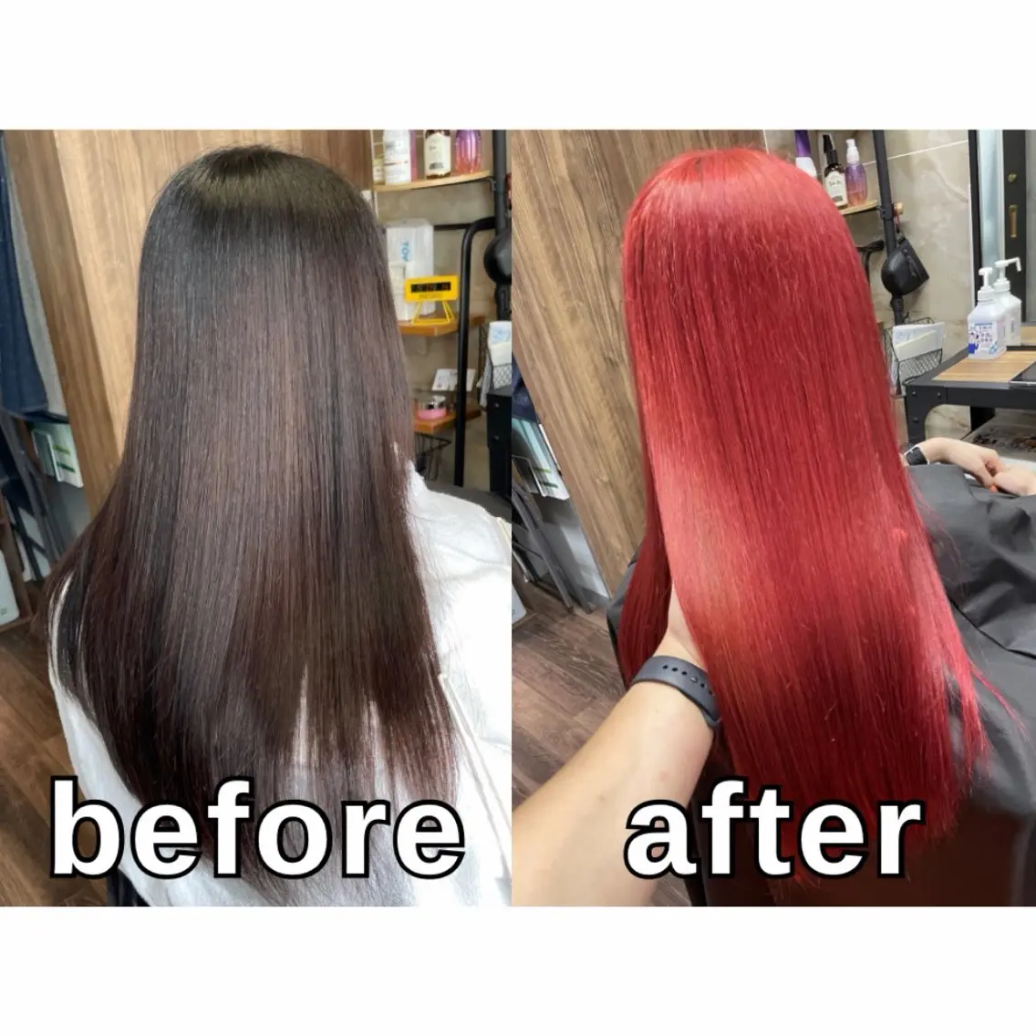 ロング カラー レッドカラー カット ヘアカラー トリートメント Lull1人美容室 イージーパーマのヘアスタイル