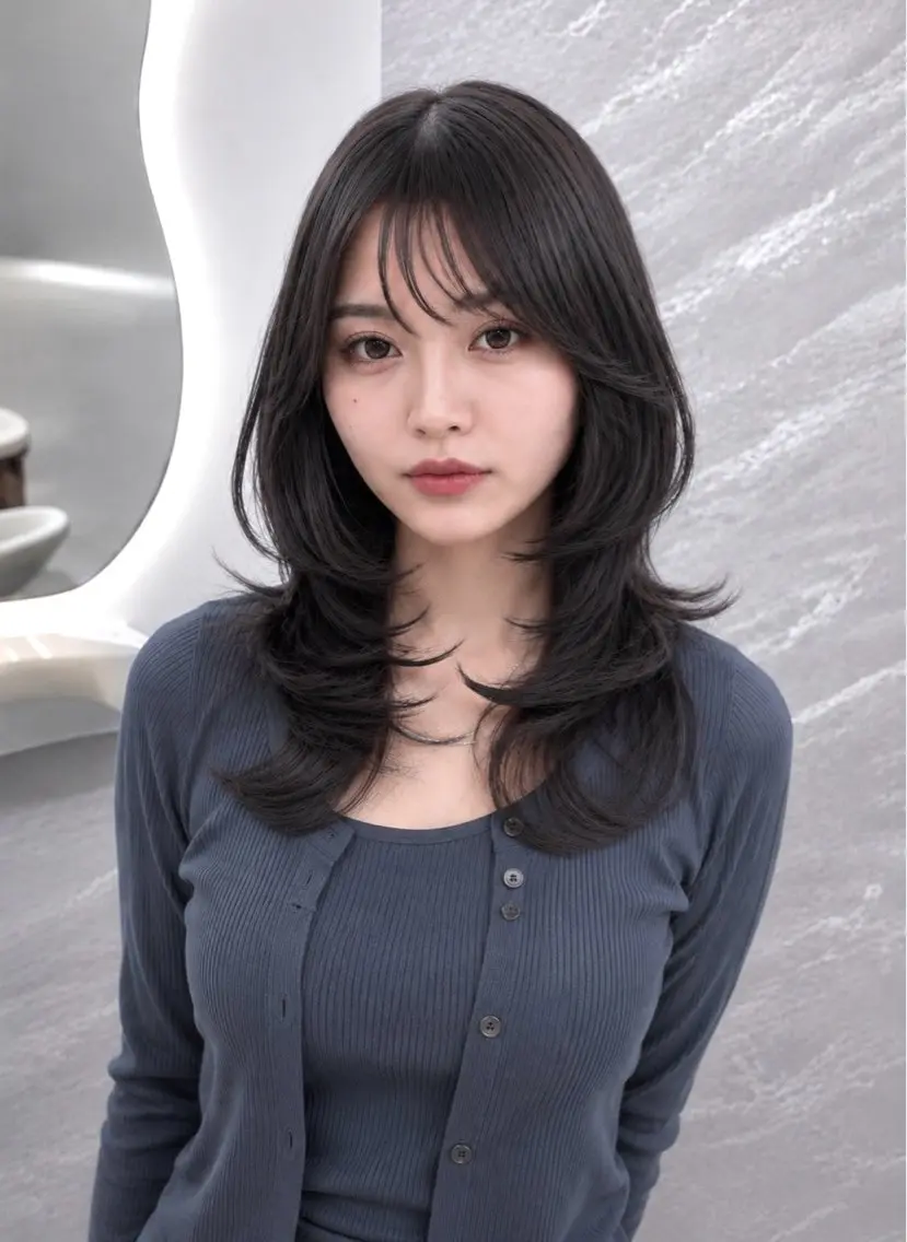 ミディアム カラー ヘアアレンジ 黒髪 ブルーカラー ブルーブラック 透明感カラー グレージュ カット ヘアカラー 🖤kana韓国ヘア 艶髪カラー特化🖤のヘアスタイル