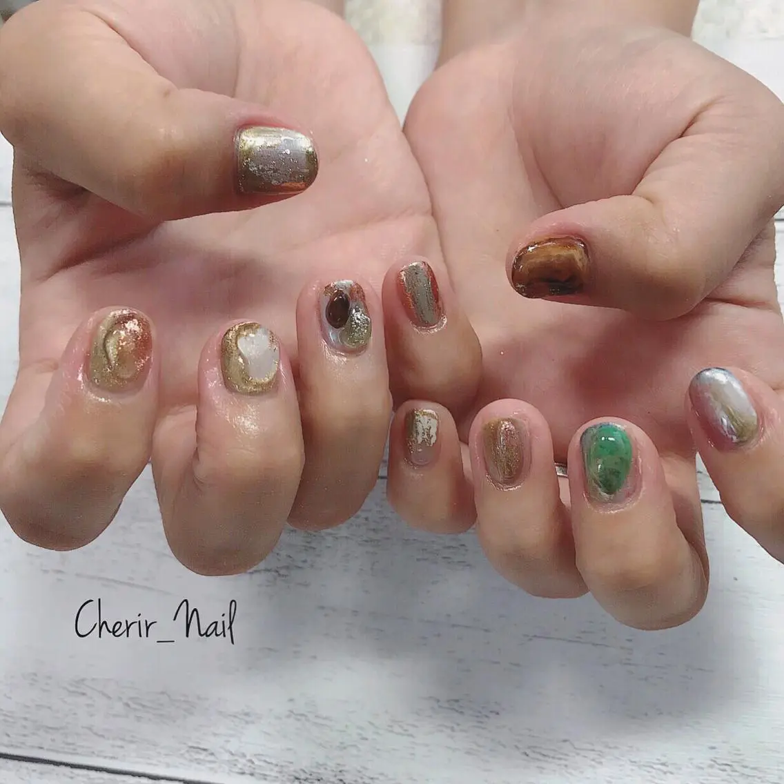 ネイル アートネイル ブラウン クリアネイル ミラーネイル ニュアンスネイル Cherirnail kaoriのネイルデザイン