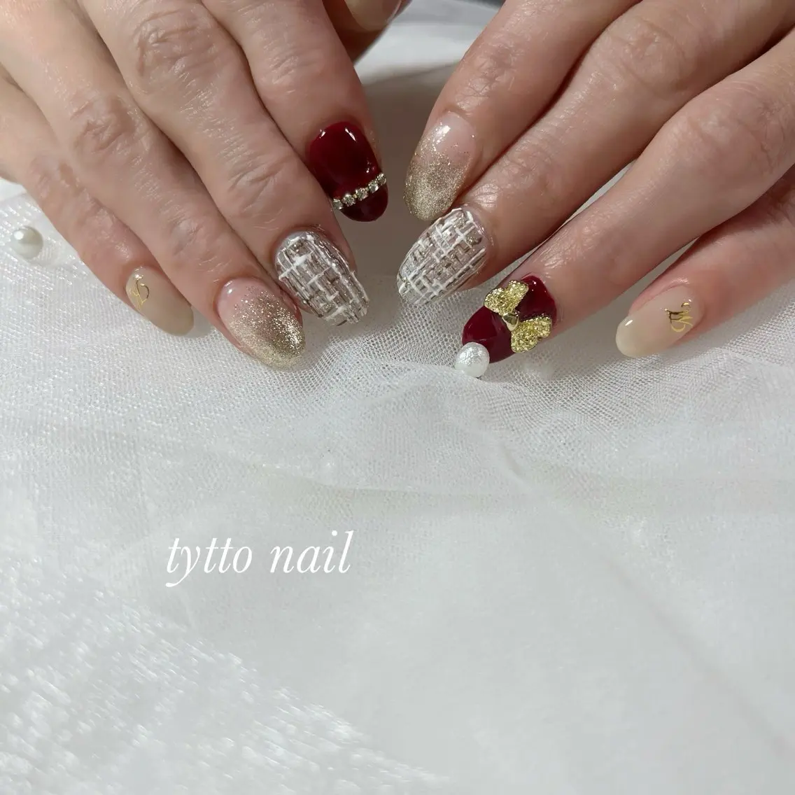 ネイル ボルドー ワンカラーネイル リボン ショートネイル ツイードネイル tytto nail ❤︎‪‪eri‪‪のネイルデザイン