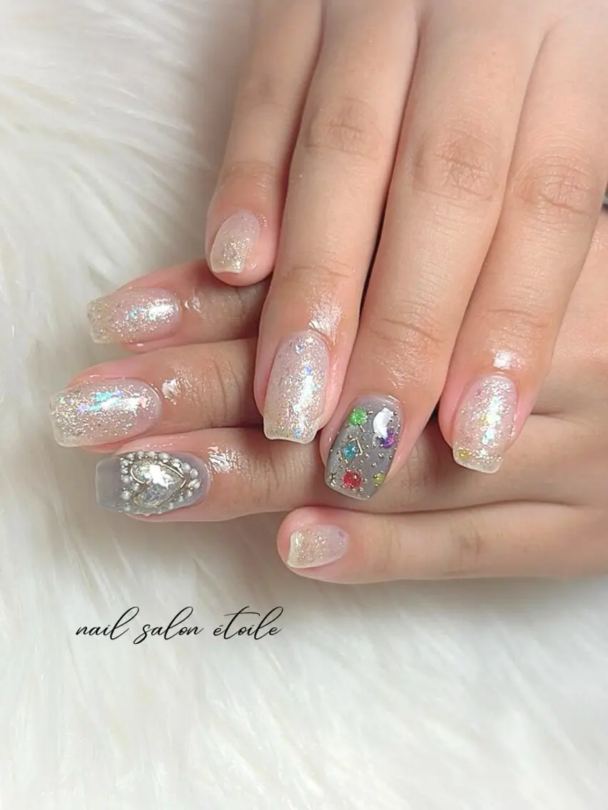 ネイル アートネイル オーロラネイル ジェルネイル ハート ホログラムネイル ハンドネイル nail salon étoileのネイルデザイン