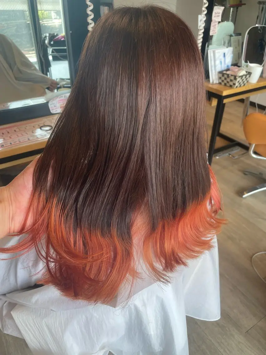 セミロング カラー ブリーチ オレンジ ヘアカラー トリートメント 髪質改善/ブリーチ 田代 龍我のヘアスタイル