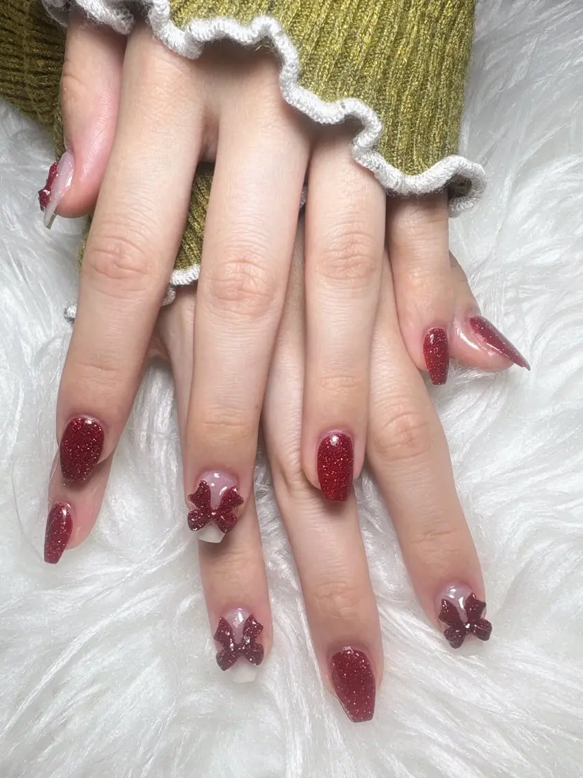 ネイル フラッシュネイル 赤色 リボン Fukuda シュウのネイルデザイン