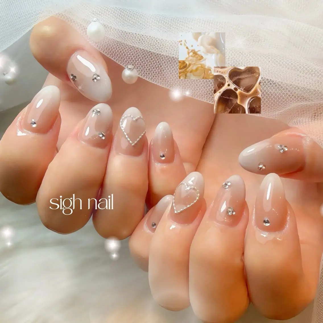 ネイル ガーリー ハート 韓国ネイル ぷっくりネイル シルバー ハンドネイル sigh nail 1級ネイリストのネイルデザイン