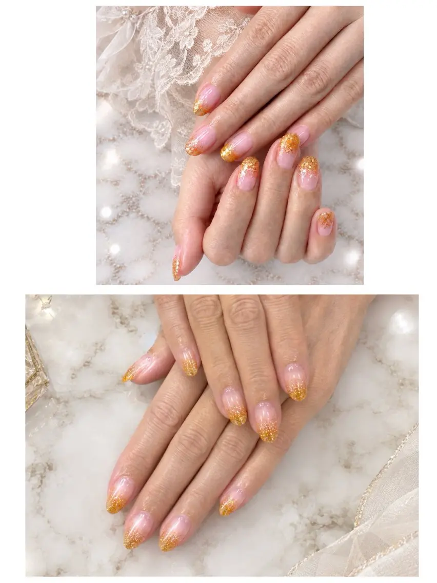 ネイル ゴールド グラデーション キラキラネイル ラメ(グリッター) オレンジ ハンドネイル ハンドケア Mamo nail ﾏﾓﾈｲﾙｴｲﾐｰのネイルデザイン