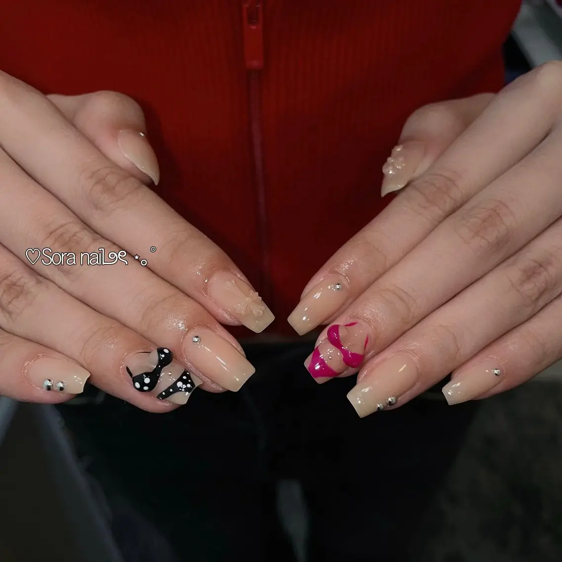 ネイル ガーリー ハート 韓国ネイル ニュアンスネイル リボン ハンドネイル Sora nail 長さ出し専門店のネイルデザイン