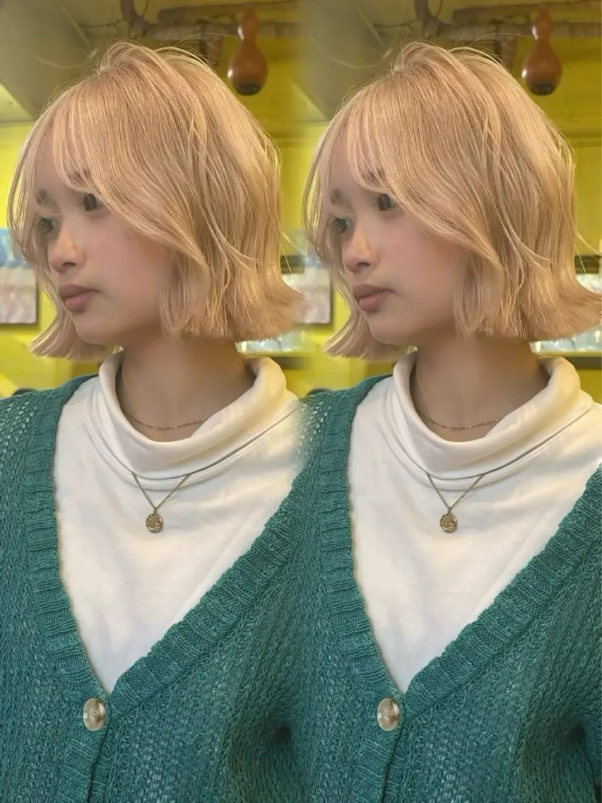 ミディアム ボブ ヘアカラー トリートメント ヘアセット 顔まわりレイヤー/諒 オリーブカラー/天神のヘアスタイル