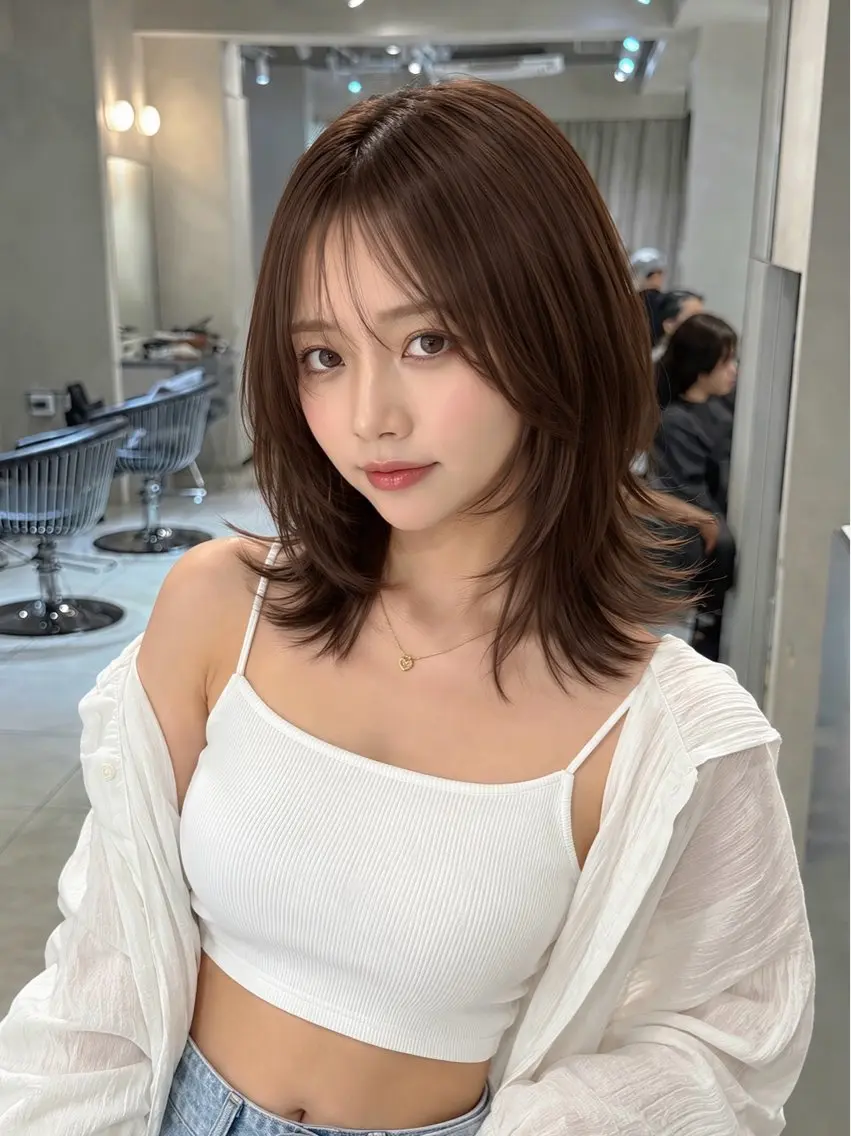 ミディアム カラー カット ヘアカラー トリートメント 髪質改善ストレート 韓国風レイヤー池袋のヘアスタイル