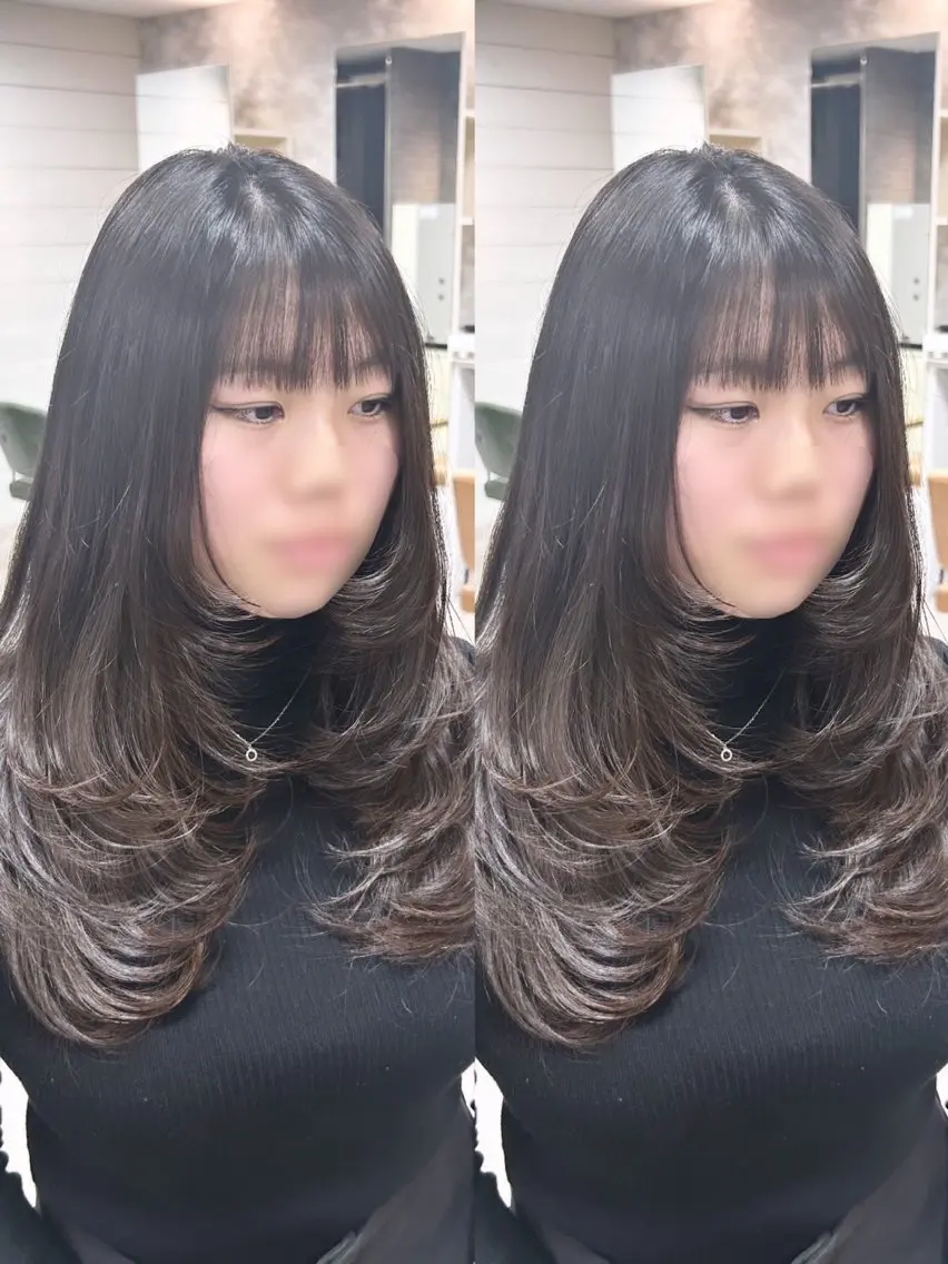 セミロング 顔周りカット 韓国風ヘア レイヤーカット カット レイヤー/艶髪カラー 森本くるみのヘアスタイル