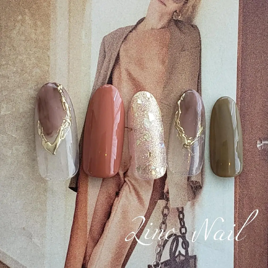 ネイル ブラウン カジュアル フレンチネイル ジェルネイル グリーン ハンドネイル Lino Nailのネイルデザイン
