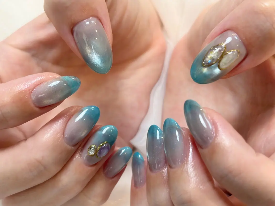 ネイル ブルー クリアネイル マグネットネイル ワンカラーネイル Ouna NAIL haruのネイルデザイン