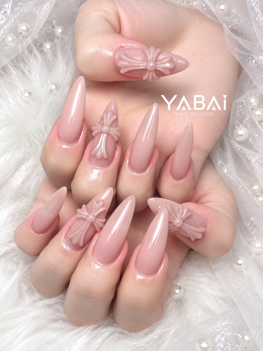 ネイル 韓国ネイル ロングネイル ピンク ぷっくりネイル リボン YABAI NailStudioのネイルデザイン