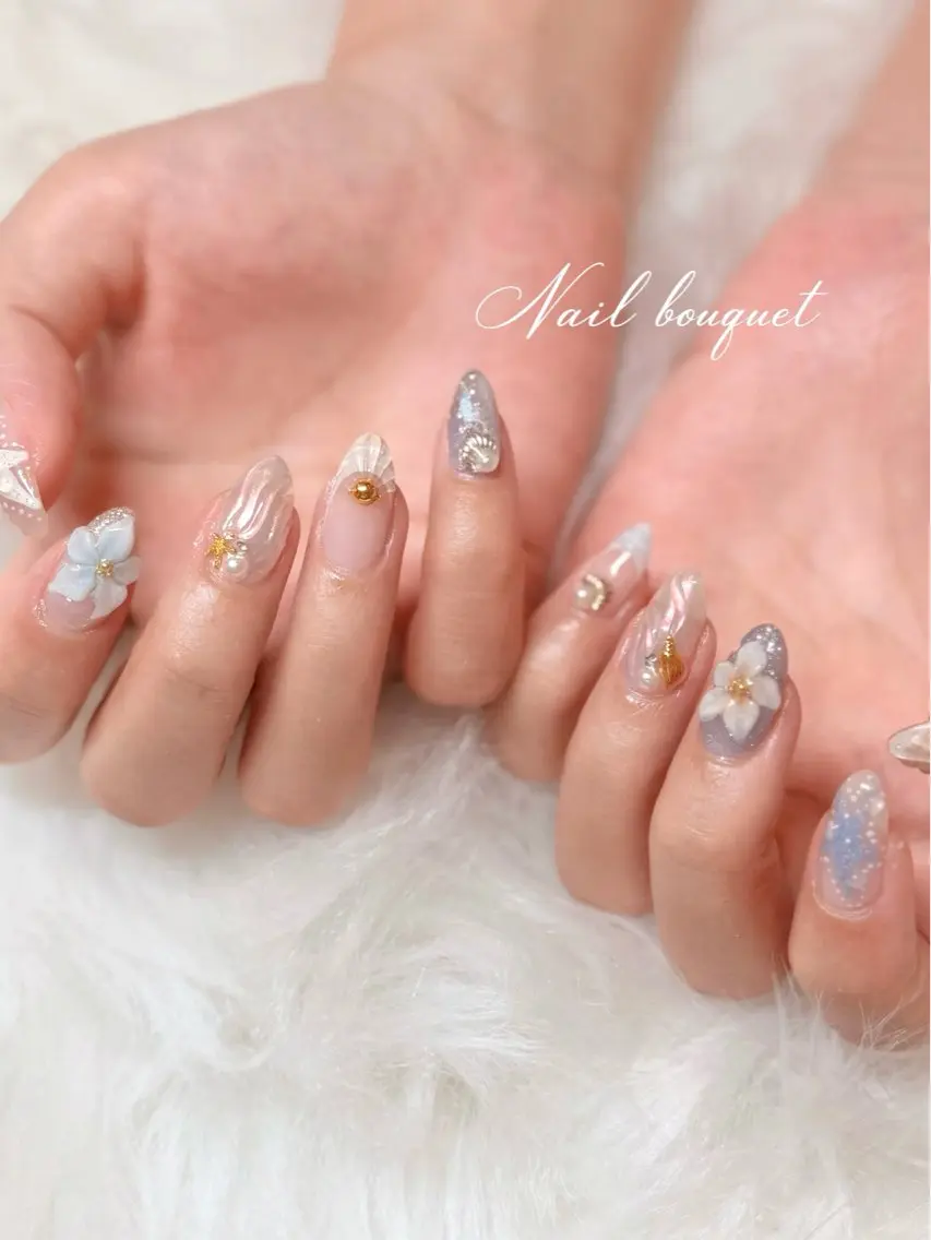 ネイル カジュアル フレンチネイル ガーリー キラキラネイル マグネットネイル ハンドネイル Nail bouquetのネイルデザイン
