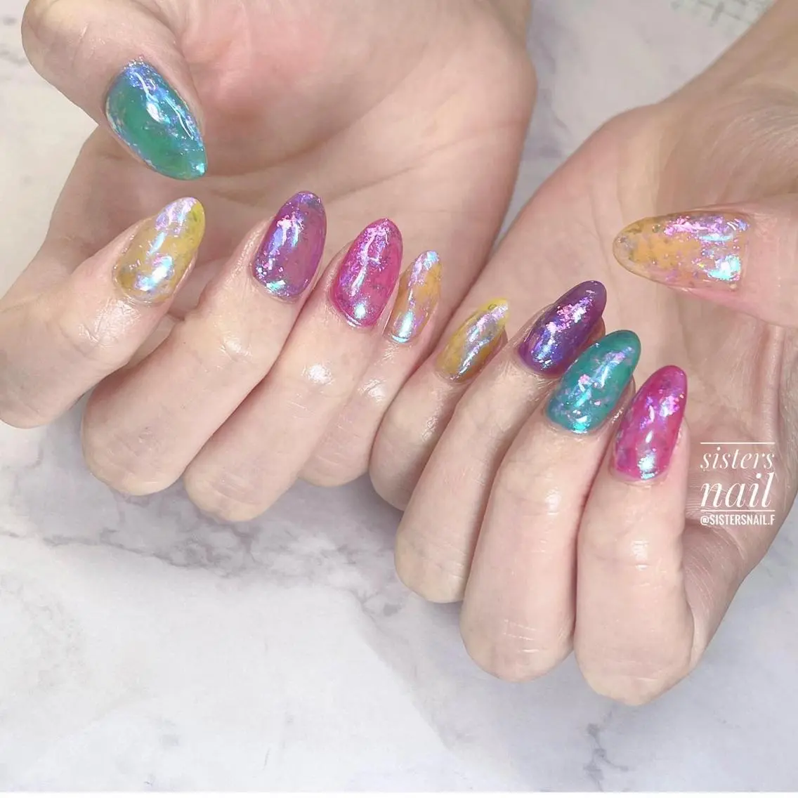ネイル アートネイル 氷ネイル・うるうるネイル キラキラネイル 夏ネイル sisters nail.fのネイルデザイン