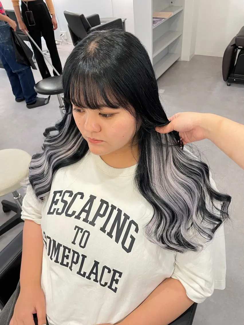 ロング カラー ヘアアレンジ 黒髪 ブルーカラー ブルーブラック エクステ Cielro/ダブル カラー/西田咲希のヘアスタイル
