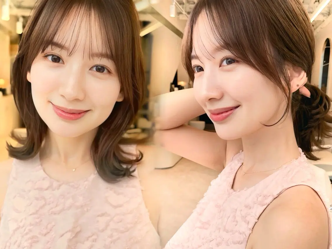 ミディアム カット 縮毛矯正 結べるレイヤーボブ くびれLady表参道のヘアスタイル