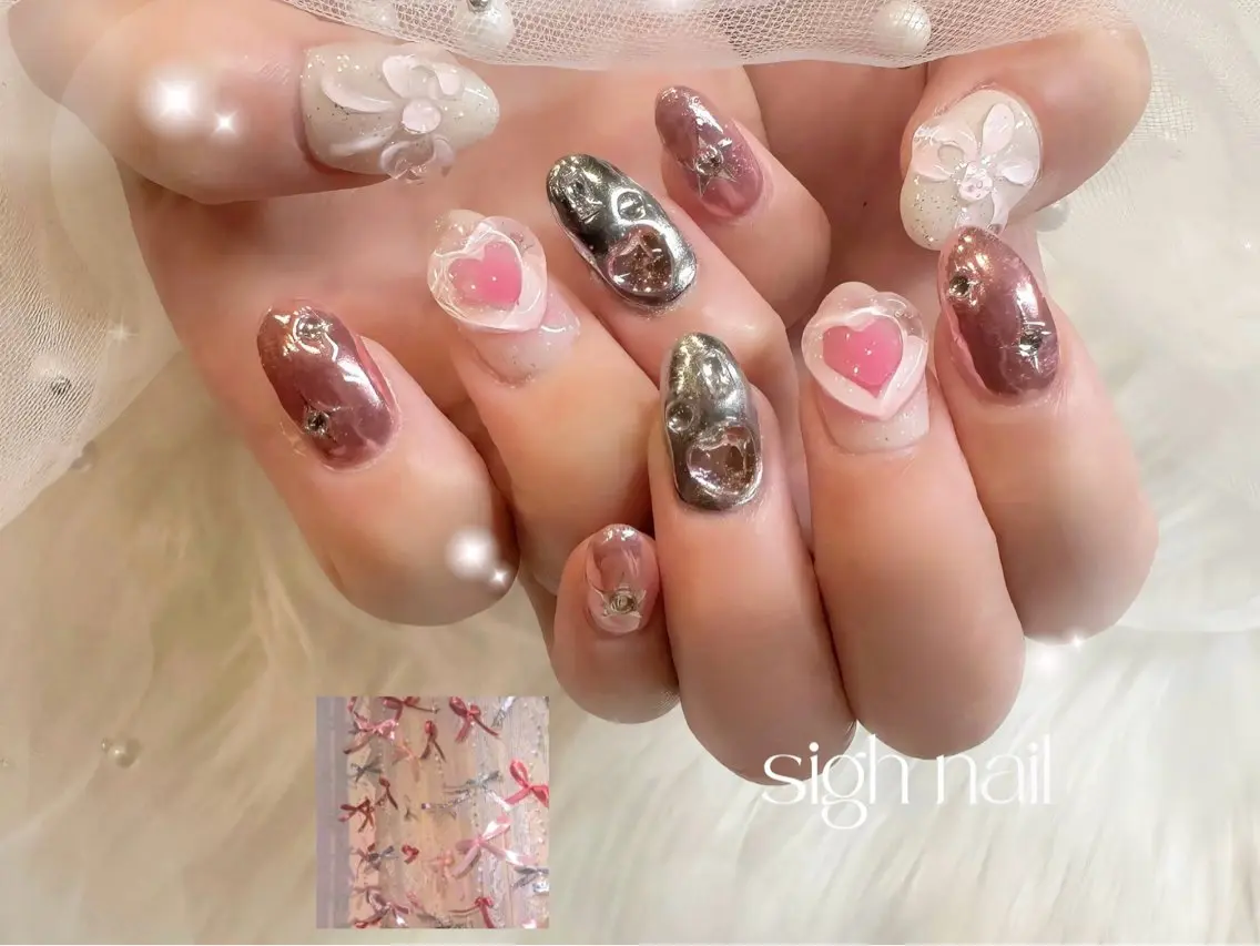 ネイル フラワーネイル ハート 氷ネイル・うるうるネイル ミラーネイル 持ち込み ハンドネイル sigh nail 1級ネイリストのネイルデザイン