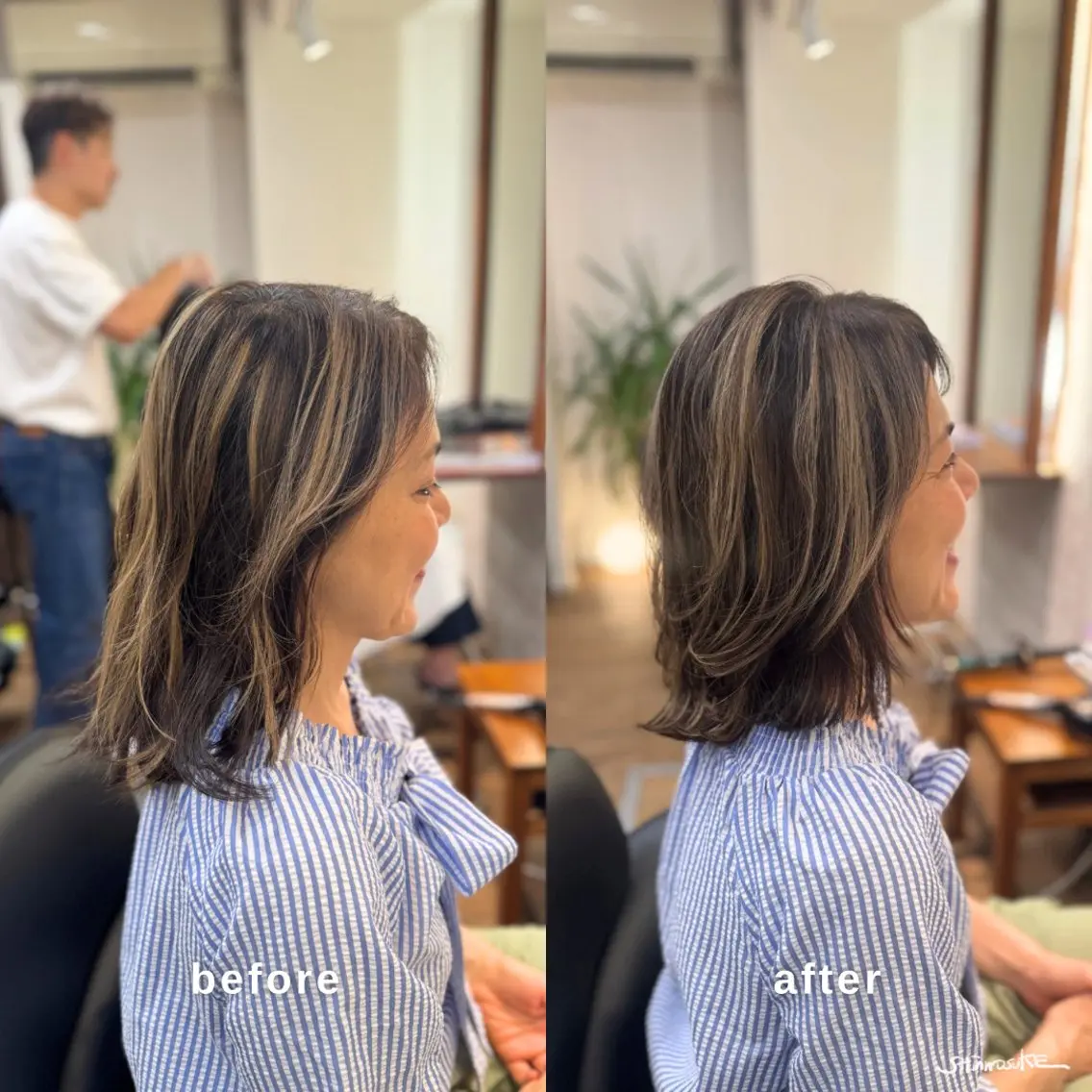 ミディアム カラー ハイライトカラー ハイライト レイヤーカット カット ヘアカラー トリートメント ヘアセット しんのすけ /モデルさん募集中のヘアスタイル