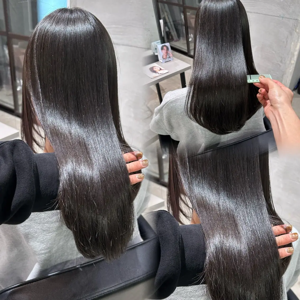 ロング 縮毛矯正 韓国🇰🇷レイヤー カットオリーブカラーのヘアスタイル