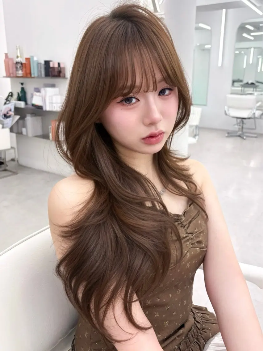 ロング ロングレイヤー 韓国風ヘア レイヤーカット ロング 小顔カット 韓国ヘア／レイヤー／ 顔周り🎀もかのヘアスタイル