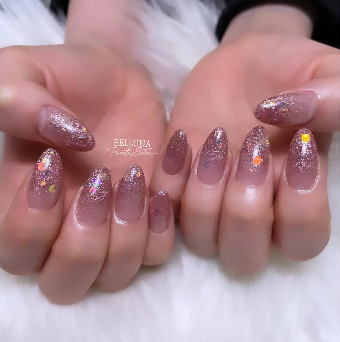 セミロング ネイル ラメ(グリッター) BELLUNA Mizuki❤︎のネイルデザイン