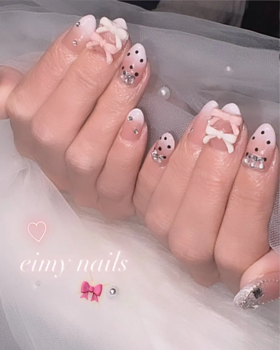 ネイル ドット ピンク リボン ハンドネイル eimy nails♡のネイルデザイン