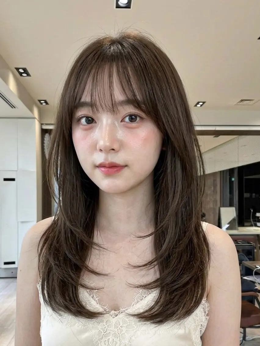 ロング ロングレイヤー 顔周りカット かきあげバング 韓国風ヘア レイヤーカット カット ヘアカラー 透明感カラー/韓国レ イヤー/宮下知也のヘアスタイル