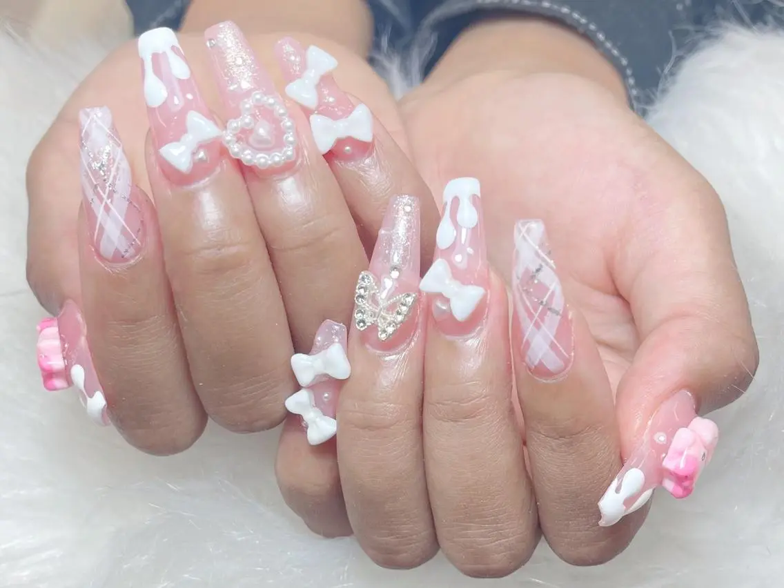 ネイル 成人式 大理石ネイル(マーブル) リボン 夏ネイル ネイルチップ Min Coco nailのネイルデザイン