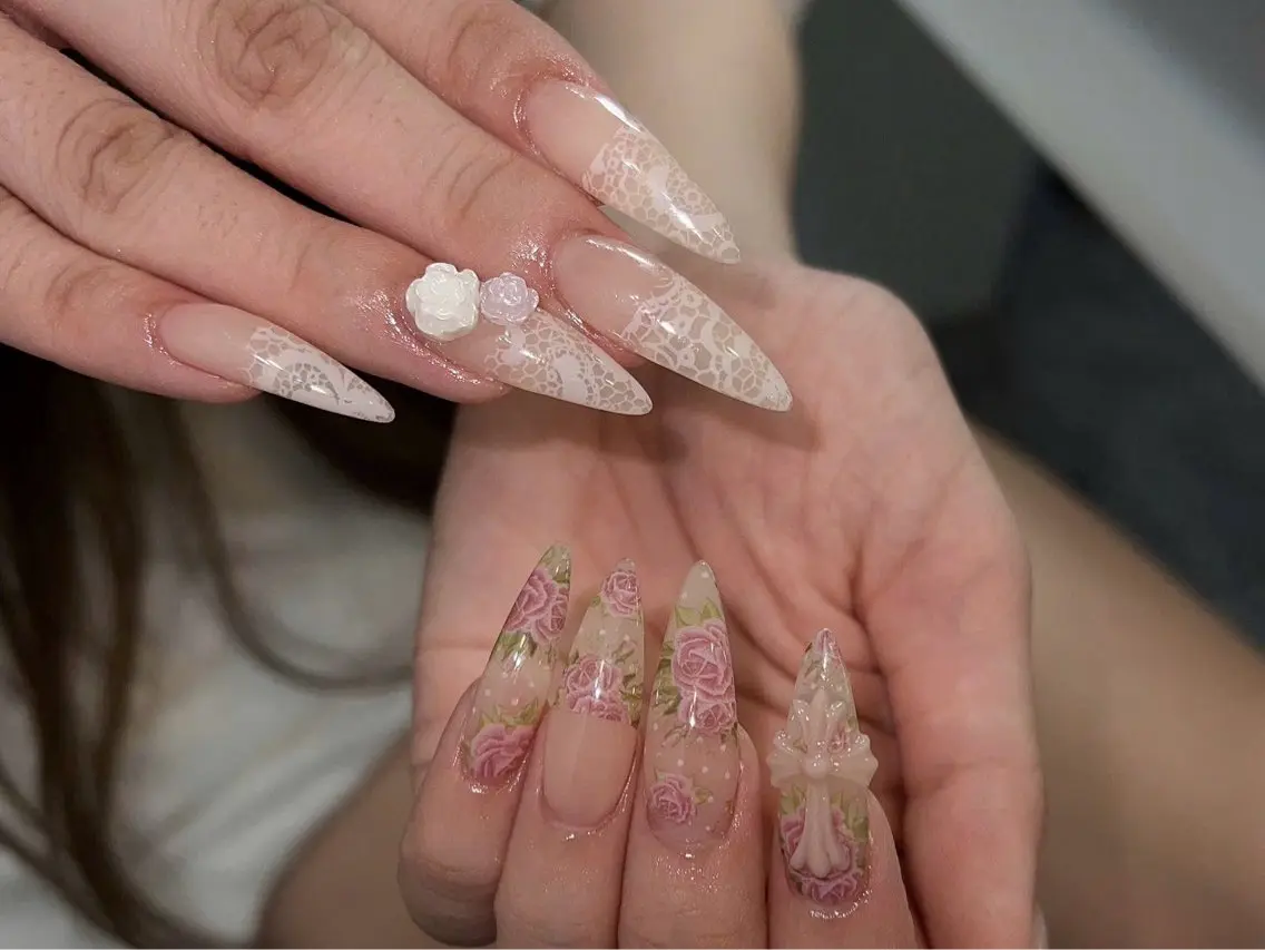 ネイル ガーリー ハート 韓国ネイル ニュアンスネイル リボン ハンドネイル Sora nail 長さ出し専門店のネイルデザイン