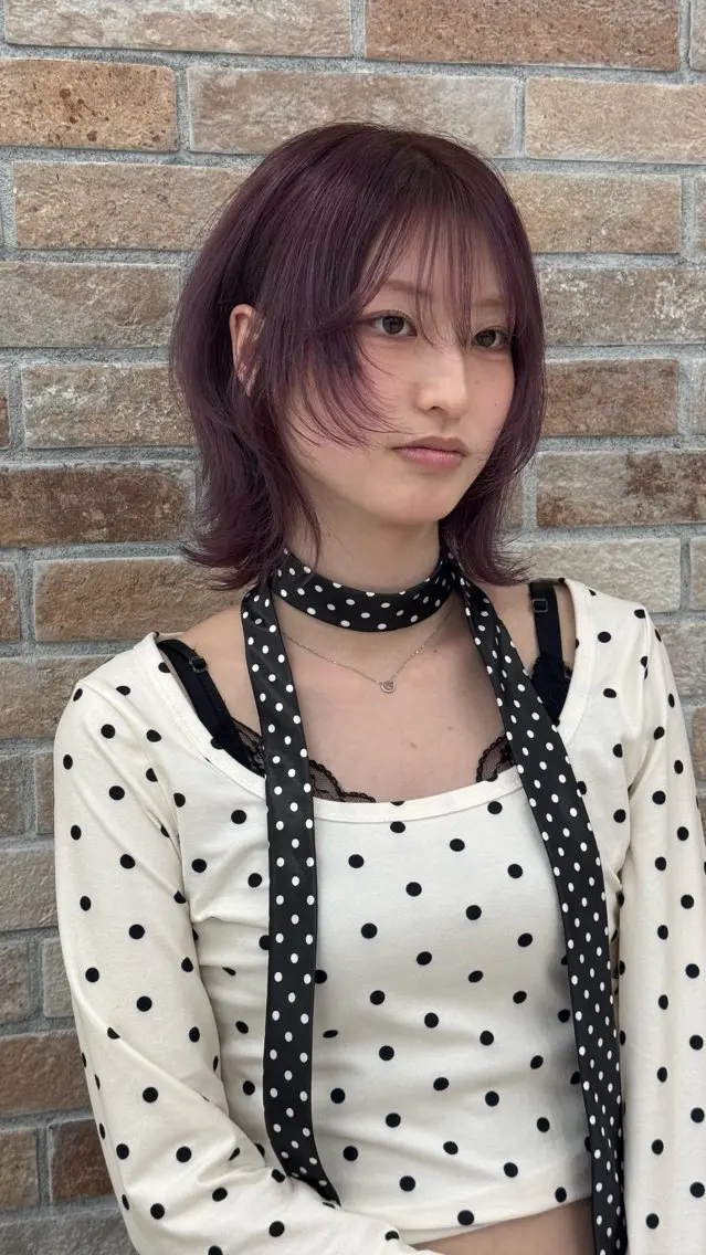 ミディアム カラー ピンクカラー ウルフカット パーマ特化 山本悠世のヘアスタイル