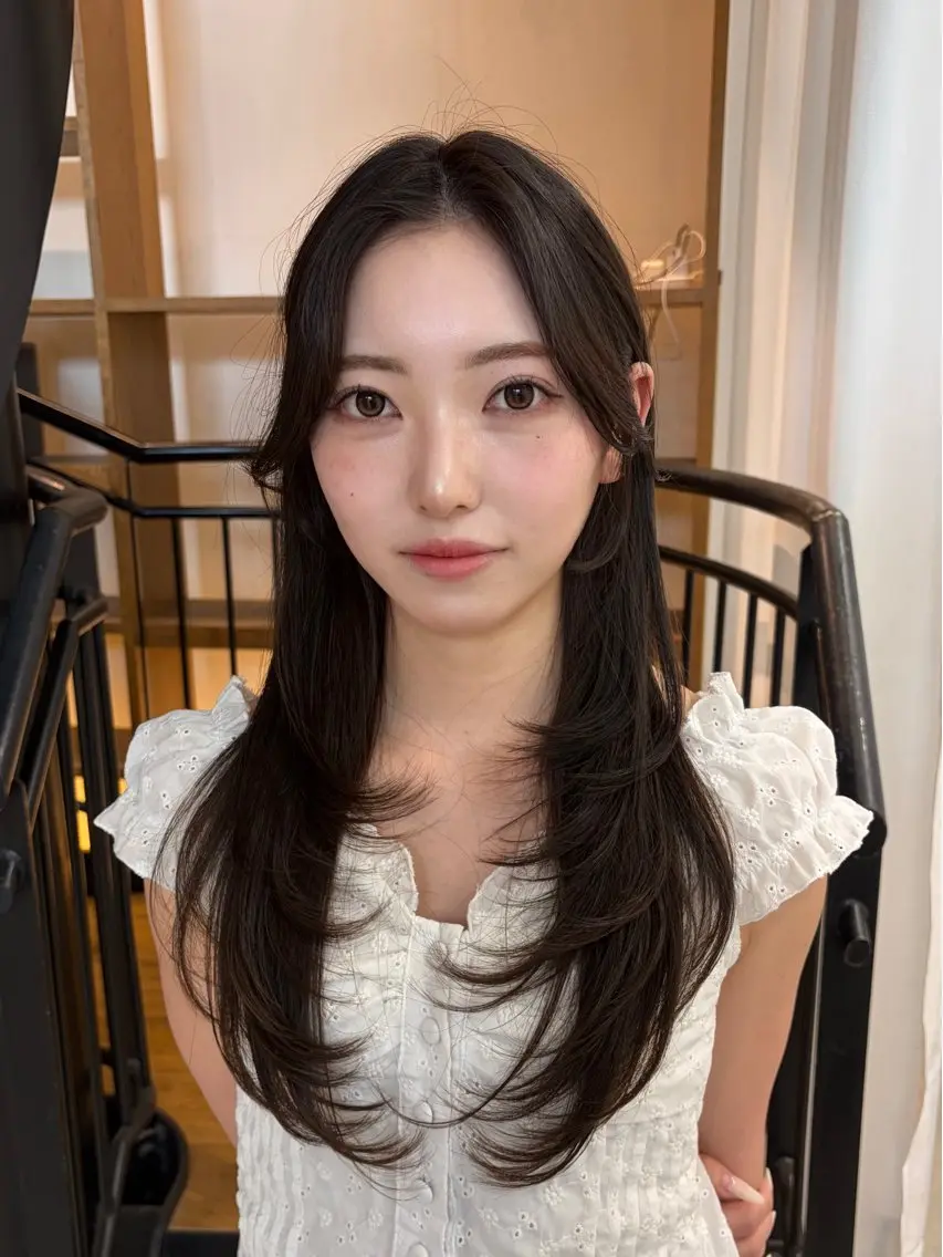 ロング カラー パーマ ヘアアレンジ ベージュカラー 透明感カラー 韓国風ヘア レイヤーカット カット ヘアカラー 中顔面短縮カット🪽 レイヤー🥀コウヘイのヘアスタイル