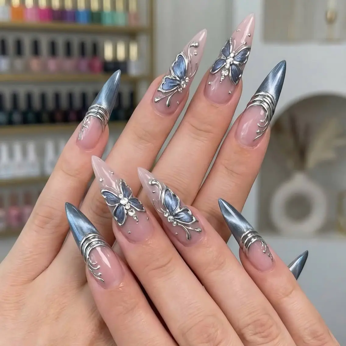 ネイル ブルー ジェルネイル 韓国ネイル ロングネイル スカルプネイル ハンドネイル Blingg NailStudioのネイルデザイン