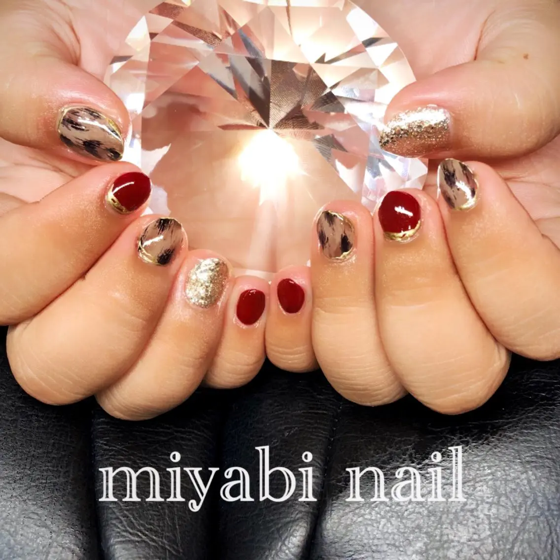 ネイル アニマル柄 ボルドー 持ち込み ぷっくりネイル ショートネイル ハンドネイル miyabi nail 桂川駅近くのネイルデザイン