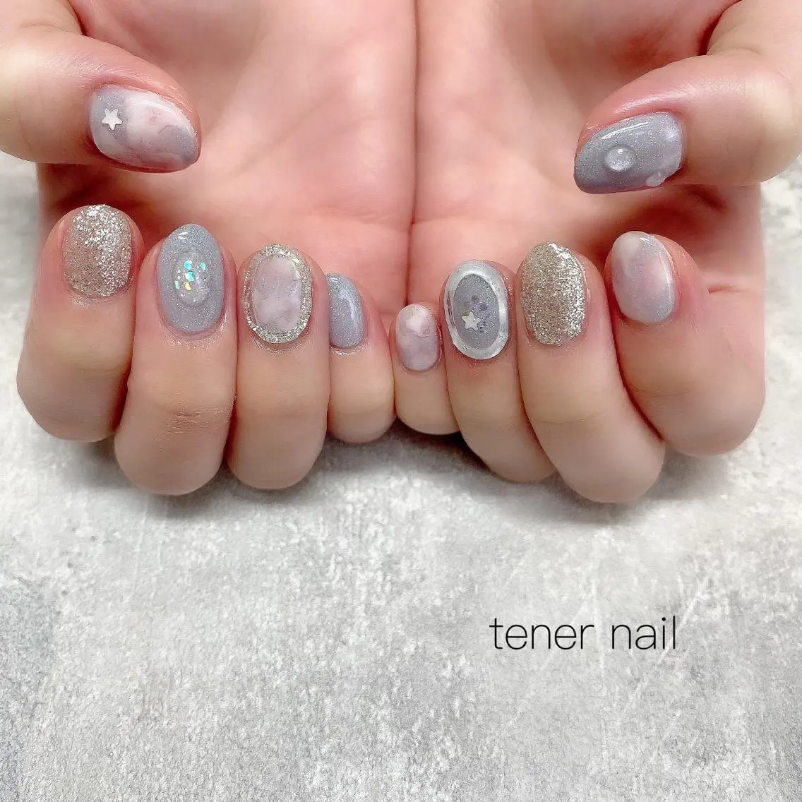 ネイル ブルー 大理石ネイル(マーブル) ホワイト テネルネイル tener nailのネイルデザイン