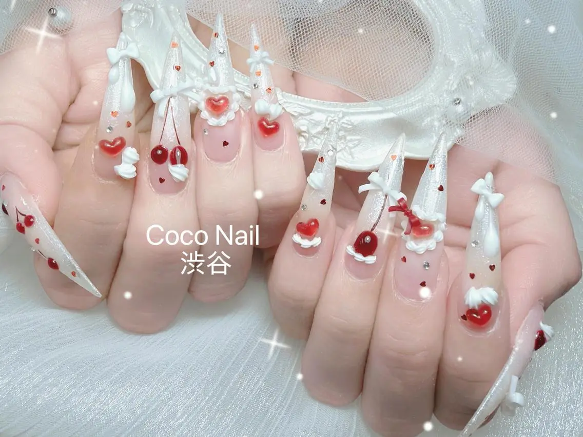 ネイル 成人式 大理石ネイル(マーブル) リボン 夏ネイル ネイルチップ ハンドネイル Min CoCo 長さだし専門店のネイルデザイン