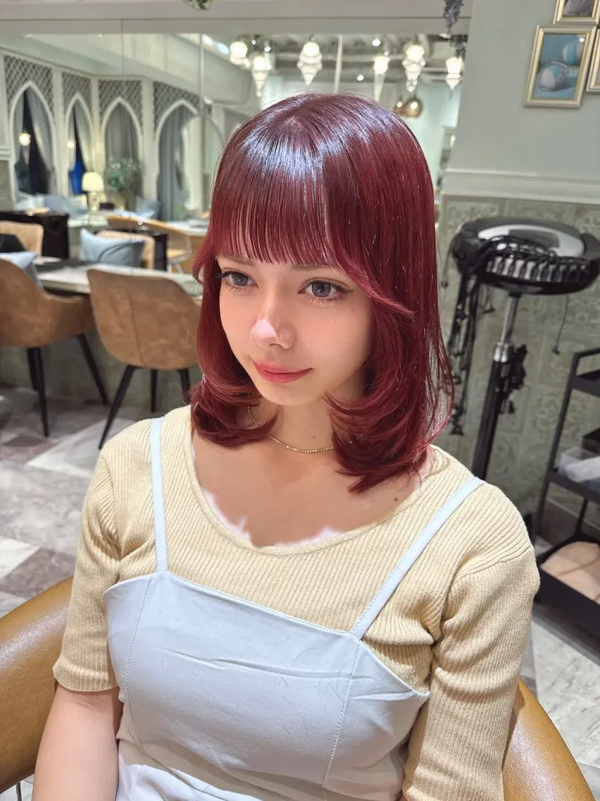 ミディアム カラー ベージュカラー 黒髪 ブリーチ ブルーカラー ブルーブラック カット ヘアカラー トリートメント 木屋元一/透明感 /前髪/レイヤーのヘアスタイル