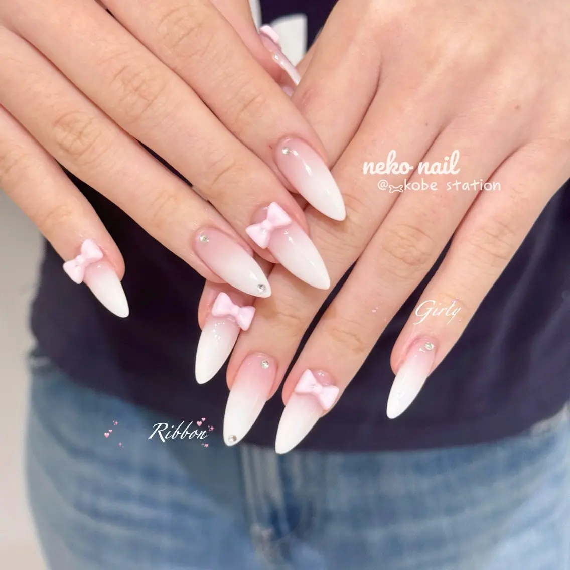 ネイル ガーリー リボン ハンドネイル neko nailのネイルデザイン