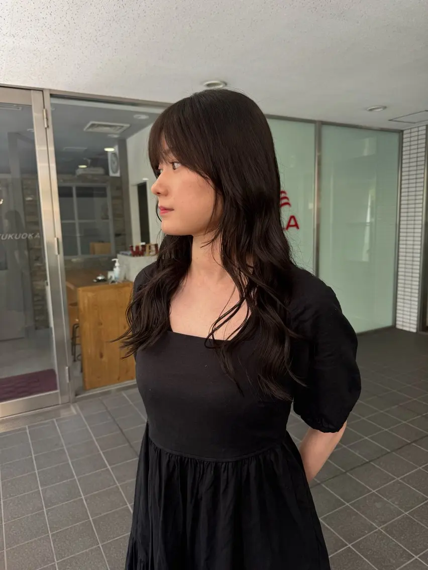 ロング カラー 透明感カラー グレージュ オレンジ 韓国風ヘア 福岡縮毛矯正 ブリーチなしカラーのヘアスタイル