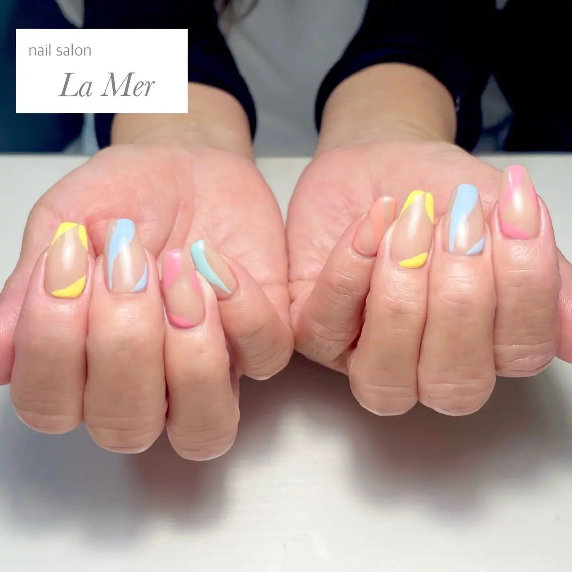 ネイル ブルー カジュアル グリーン オレンジ パステルネイル ハンドネイル nailsalon La Merのネイルデザイン